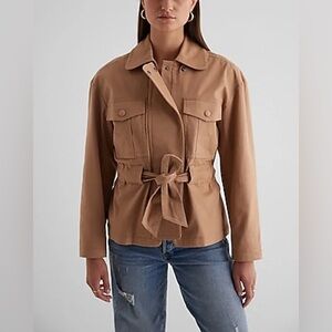 EXPRESS Twill Oversized Belted Utility Jacket Brown X-Small